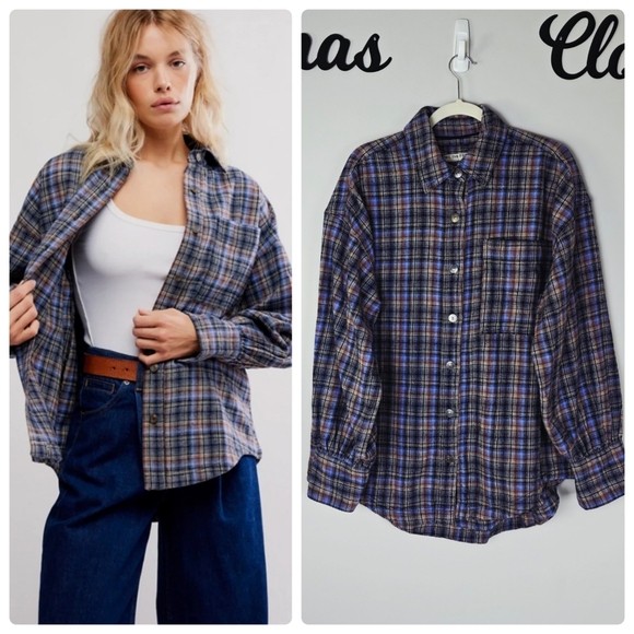 Free People Tops - Free People Ashley Plaid Oversized Shirt Size Medium